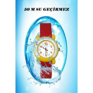 Rodium Çocuk Kol Saati Su Geçirmez Analaog Kırmızı (8846) (Sarı Kasa Kordon)