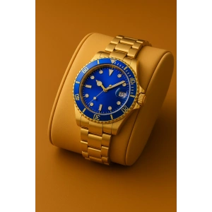 Rodium Erkek Kol Saati Metal Takvimli Paslanmaz Kararmaz Gold - Mavi Kadran