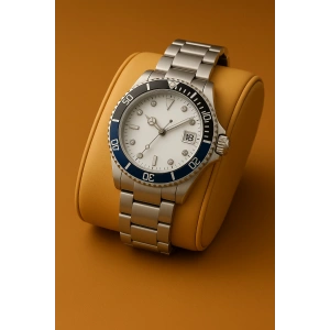 Rodium Erkek Kol Saati Metal Takvimli Paslanmaz Kararmaz Siyah Mavi Kasa-Beyaz Kadran