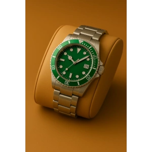 Rodium Erkek Kol Saati Metal Takvimli Paslanmaz Kararmaz Yeşil Çerçeve Yeşil Kadran