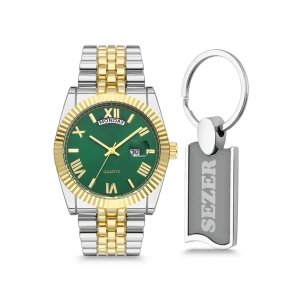 Rodium Erkek Kol Saati Metal Kişiye Özel Anahtarlıklı Çift Renk - Yeşil Kadran