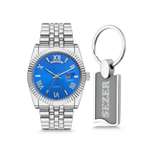 Rodium Erkek Kol Saati Metal Kişiye Özel Anahtarlıklı Gümüş - Lacivert Kadran