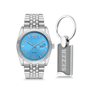 Rodium Erkek Kol Saati Metal Kişiye Özel Anahtarlıklı Gümüş - Mavi Kadran
