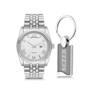 Rodium Erkek Kol Saati Metal Kişiye Özel Anahtarlıklı Gümüş - Beyaz Kadran