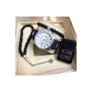 Rodium Erkek Kayışlı Kol Saati 4 Parça Hediye Seti Beyaz