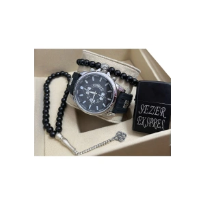 Rodium Erkek Kayışlı Kol Saati 4 Parça Hediye Seti Siyah