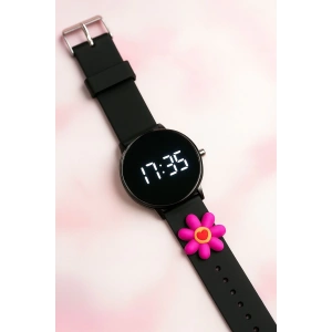 Rodium Çocuk Kol Saati Silikon Kordonlu Çiçek Emojili Led Çocuk Saati Siyah