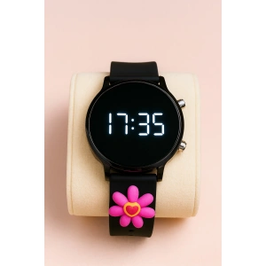Rodium Çocuk Kol Saati Silikon Kordonlu Çiçek Emojili Led Çocuk Saati Siyah