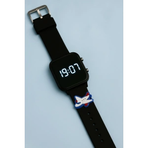 Rodium Çocuk Kol Saati Silikon Kordonlu Uçak Emojili Led Çocuk Saati Siyah