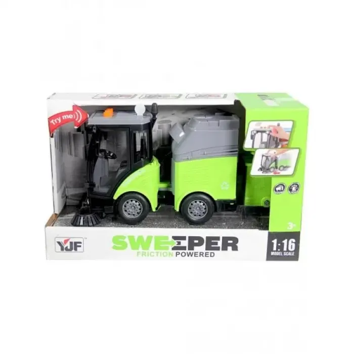 1:16 Sweeper Sesli ve Işıklı Temizlik Aracı - Çöp Arabası Pilli (Yeşil)