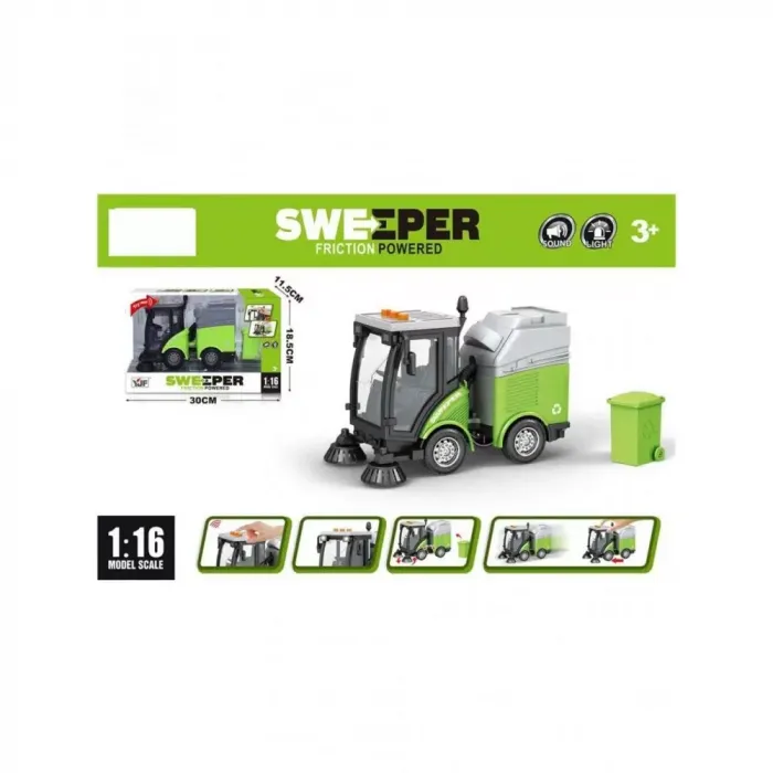 1:16 Sweeper Sesli ve Işıklı Temizlik Aracı - Çöp Arabası Pilli (Yeşil)