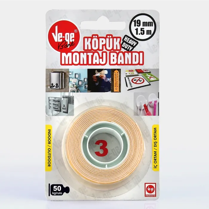 Vege Çift Taraflı Köpük Bant 19 MM x 1,5 Mt