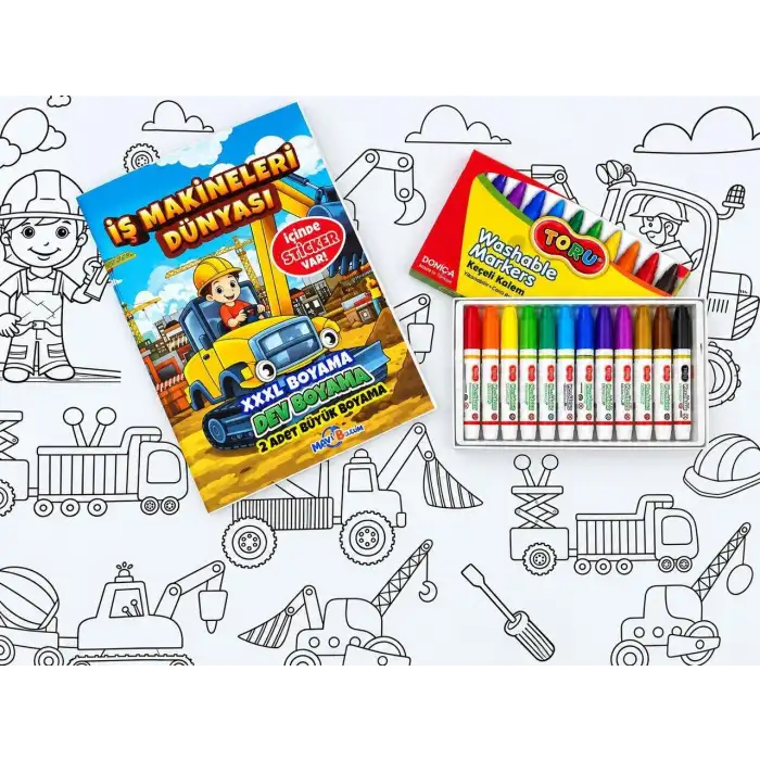 Çocuklar İçin İş Makineleri Dev Boyama Seti – XXL Boyama + Sticker + 12 Keçeli Kalem (Yıkanabilir)