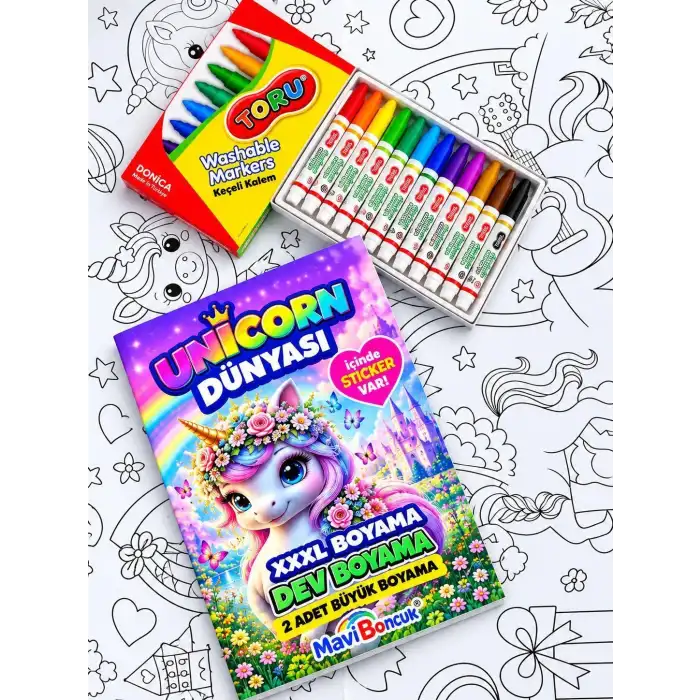 Çocuklar İçin Unicorn Dev Boyama Seti – XXL Boyama + Sticker + 12 Keçeli Kalem (Yıkanabilir)