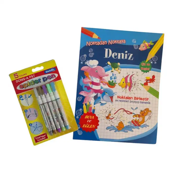 Noktaları Birleştirme Etkinlik Kitabı ve Eğlenceli Metalik SpiderPen (Örümcek Ağı Yapan) Kalem Seti