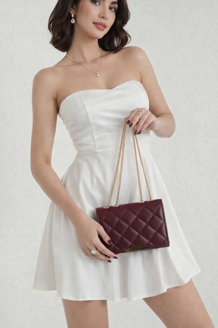 Bordo Renk Kapitone Zincirli Çanta CB09141