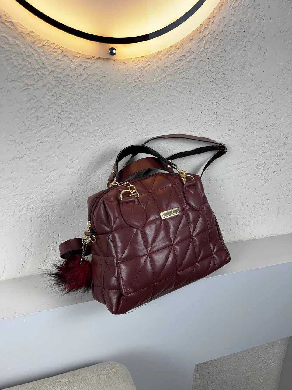 Bordo Renk Ponpon hediyeli Zincirli Çapraz Çanta CB7826