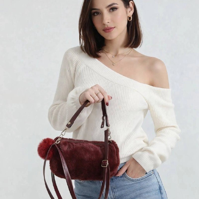 Bordo Renk PONPON PELUŞLU Çanta CB82191