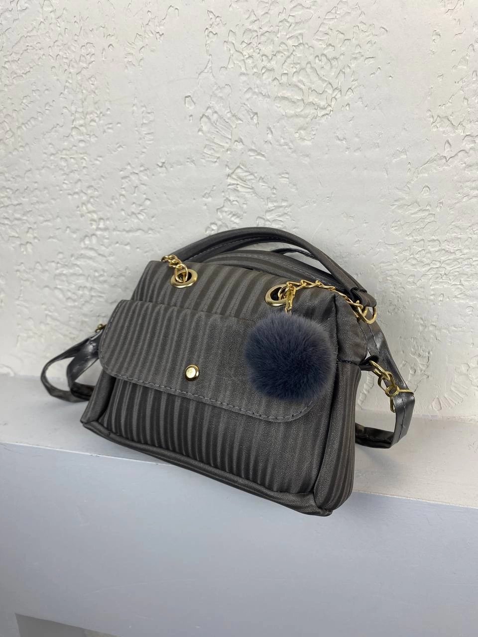 Gri Mini Boy Ponponlu Çanta