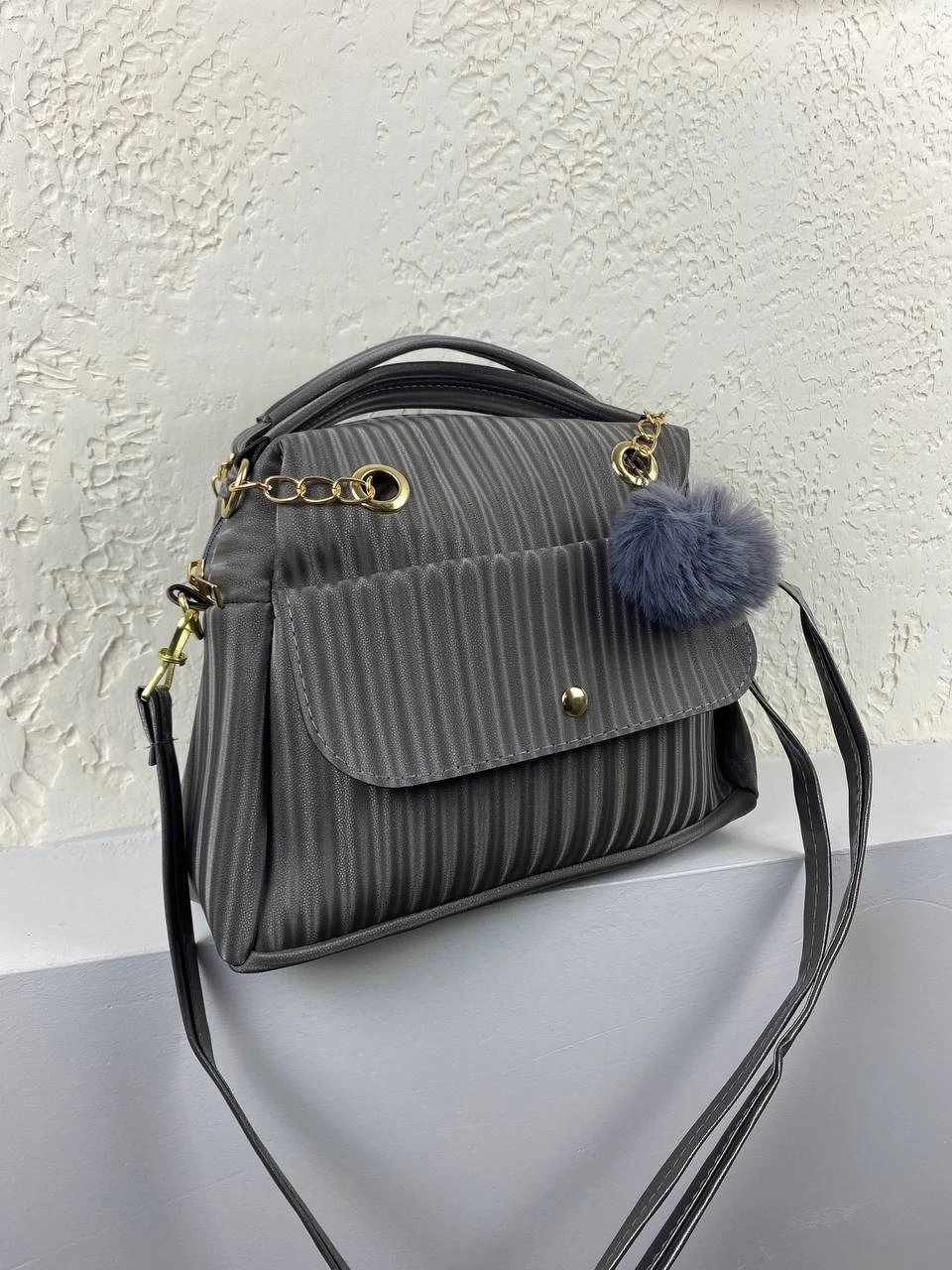 Gri Ponpon Hediyeli Yeni Sezon Çanta