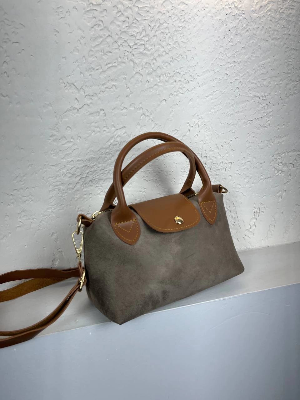 Koyu Gri Nubuk Deri Mini Çapraz Çanta CB1177