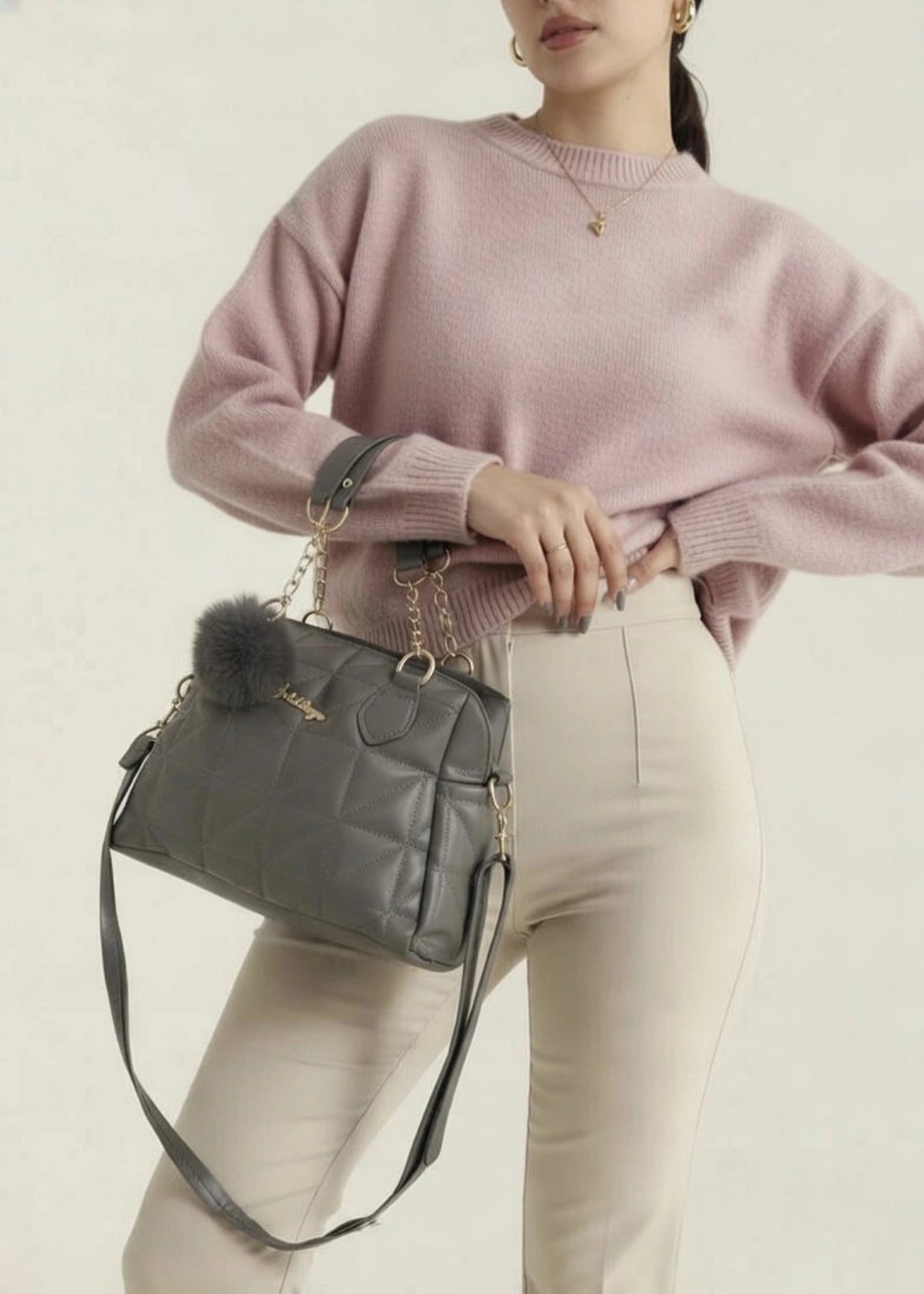 Koyu Gri Ponpon hediyeli Zincirli Çapraz Çanta CB7826