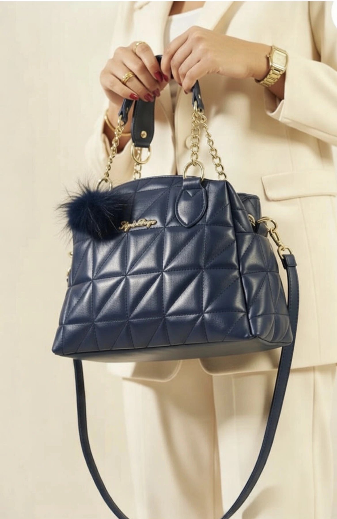 Lacivert Ponpon hediyeli Zincirli Çapraz Çanta CB7826