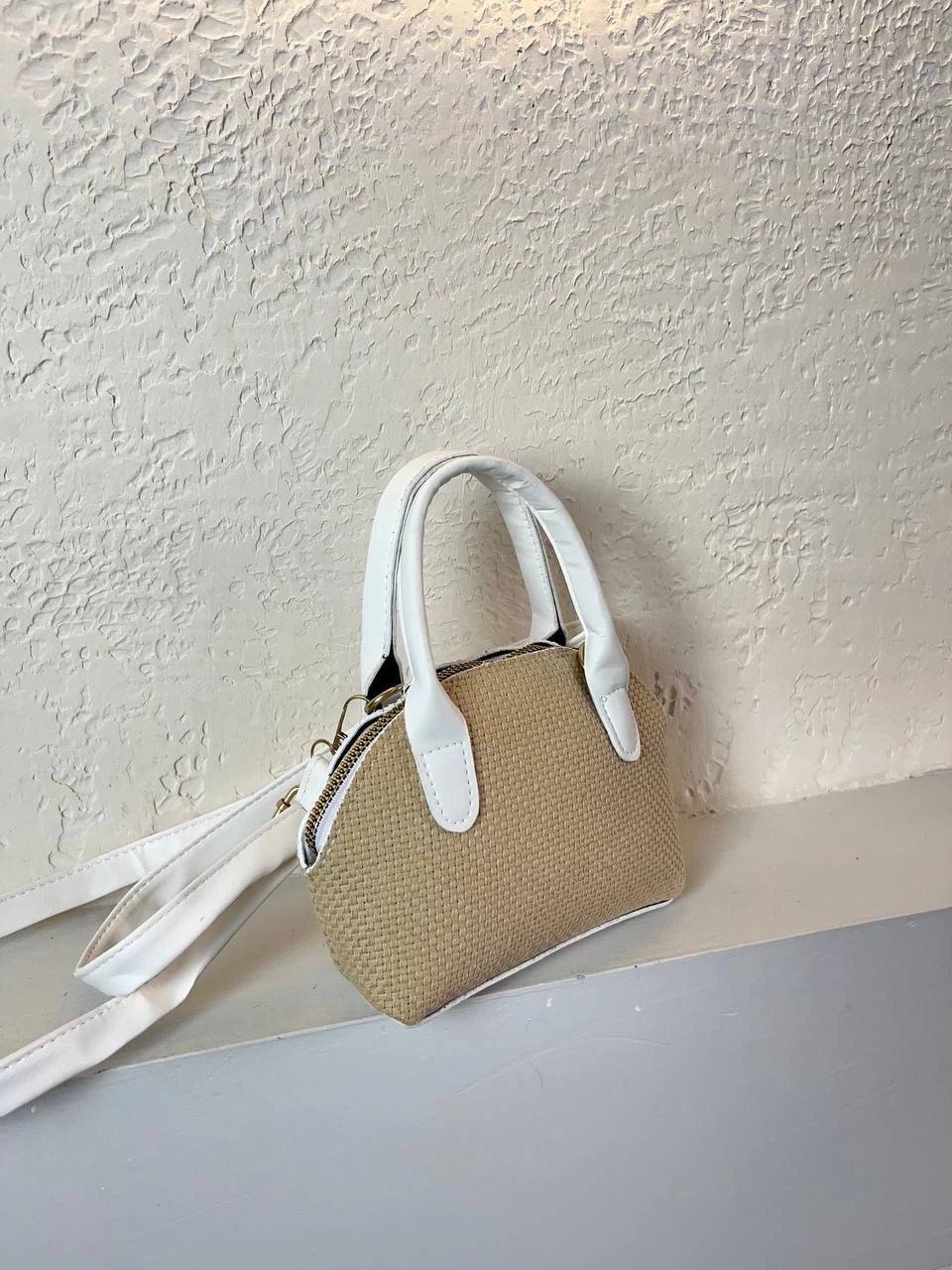 Vizon Renk Beyaz Sap Hasır Çanta CB8711