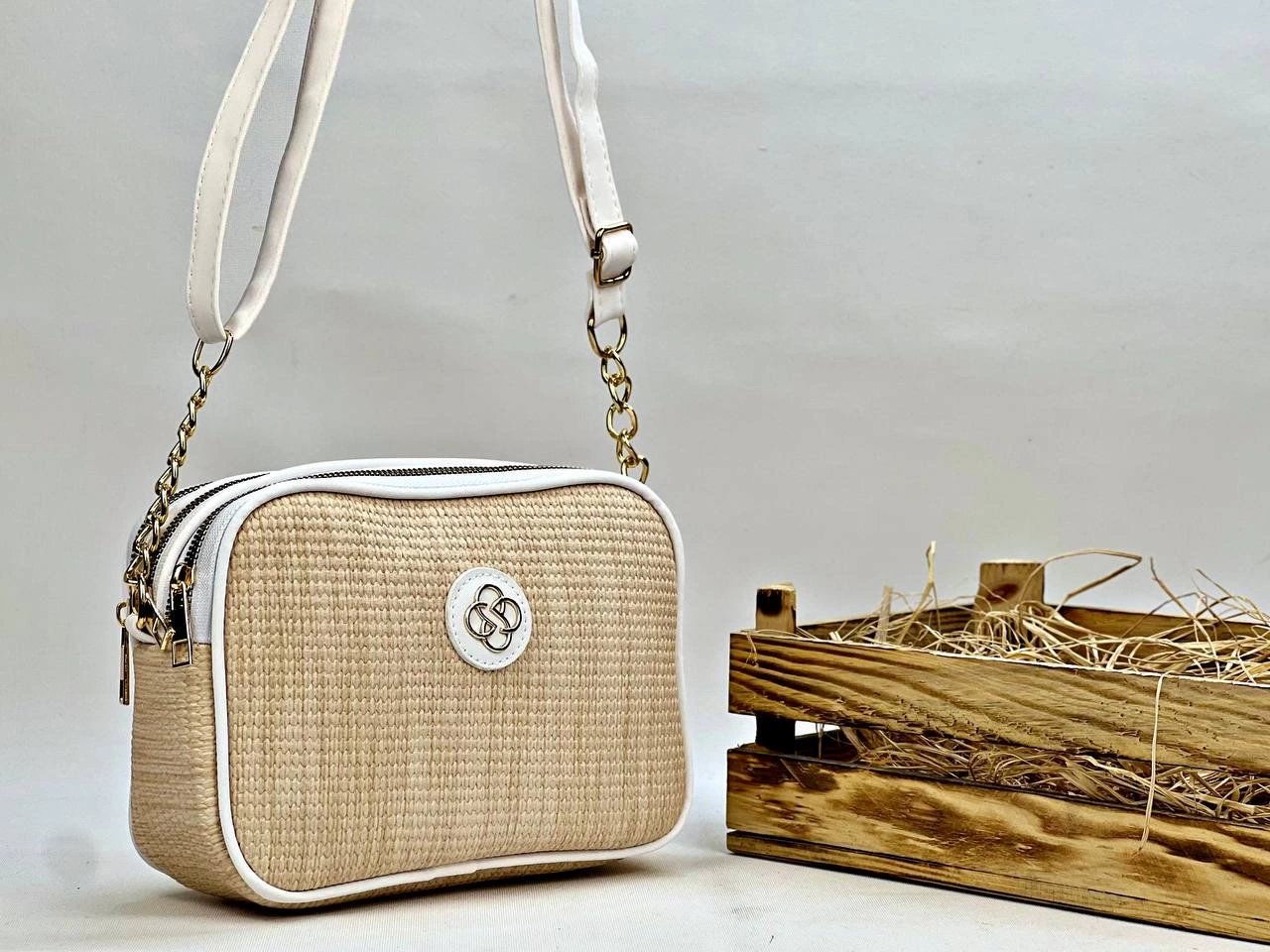 Vizon Renk Kenarları Beyaz 3 BÖLMELİ HASIR Çanta CB9809