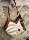 Beyaz Taba Çizgili Hasır Kol Çanta CB8194