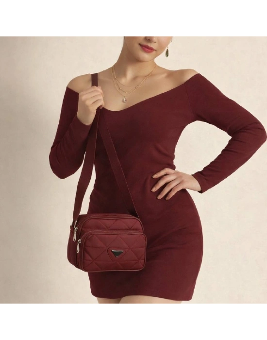 Bordo Renk 2 Bölme Kapitone Kücük Çanta CB0239