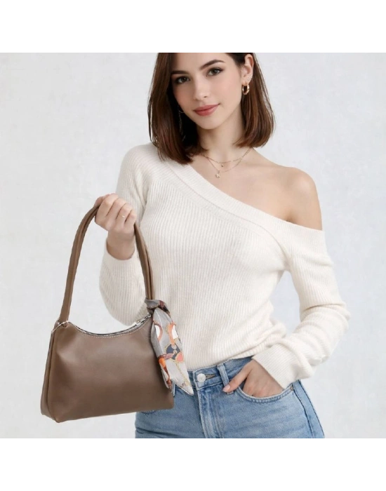 Koyu Vizon Deri Baget Fularlı Kol Çanta CB3089