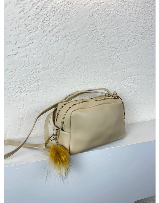 Açık Vizon Renk Ponponlu 2 Bölme Çanta CB6378