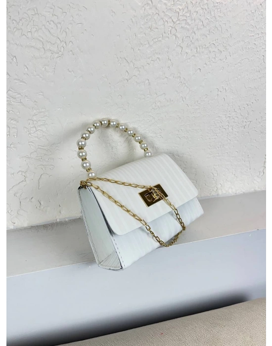 Beyaz Renk İncili Zincirli Çanta CB4178