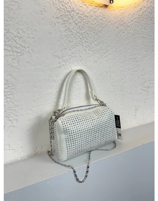 Beyaz Renk Taşlı Zincirli Çanta CB1230