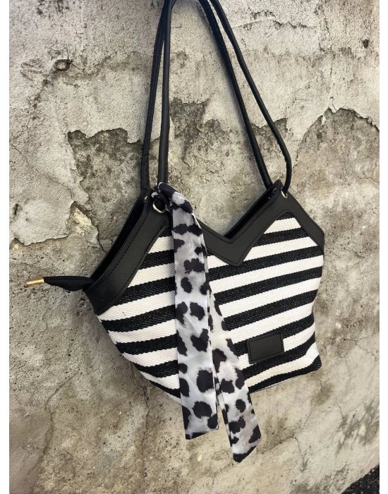 Beyaz Siyah Kalın Çizgili Hasır Kol Çanta CB8194