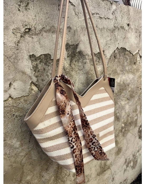 Beyaz Vizon Kalın Çizgili Hasır Kol Çanta CB8194