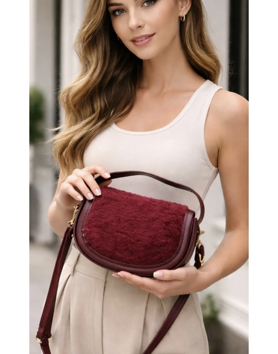 Bordo Renk Peluş Çanta CB90913