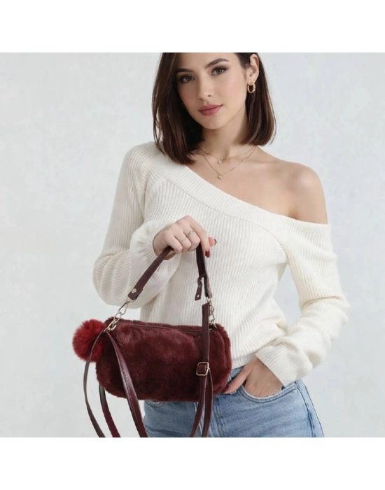 Bordo Renk PONPON PELUŞLU Çanta CB82191