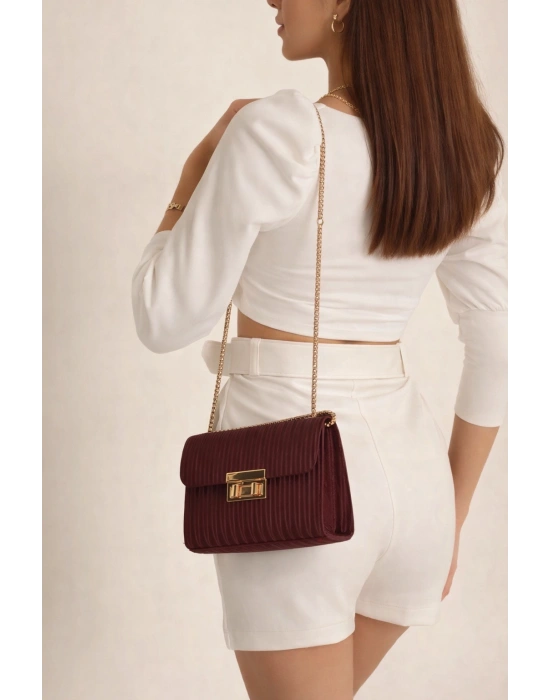 Bordo Zincir Detaylı Çapraz Çanta CB9103