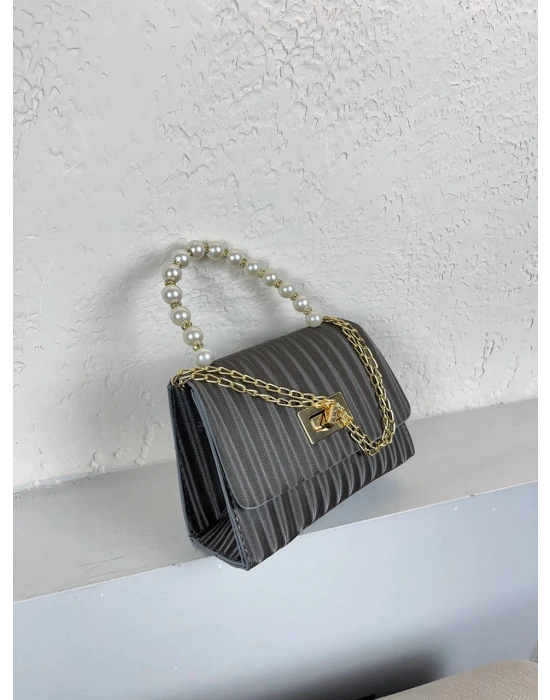 Gri Renk İncili Zincirli Çanta CB4178