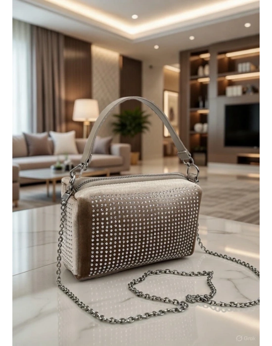 Kahve Renk Taşlı Zincirli Çanta CB1230