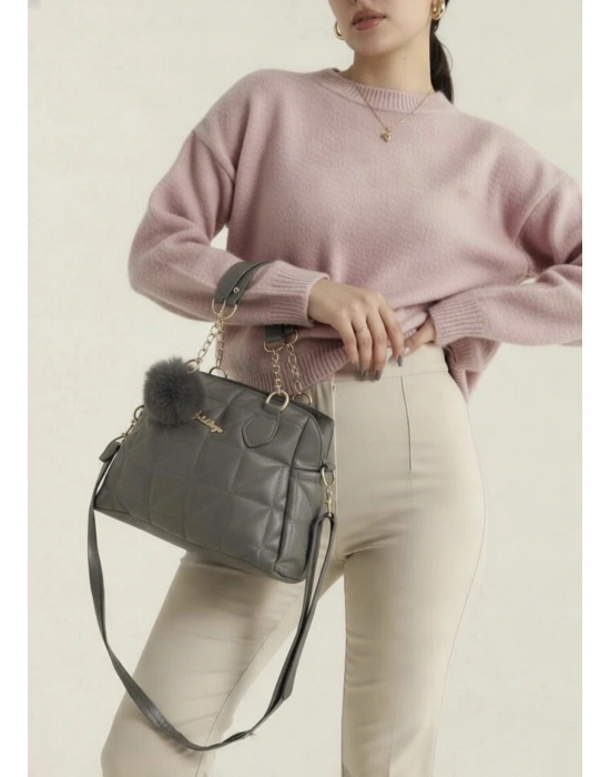 Koyu Gri Ponpon hediyeli Zincirli Çapraz Çanta CB7826