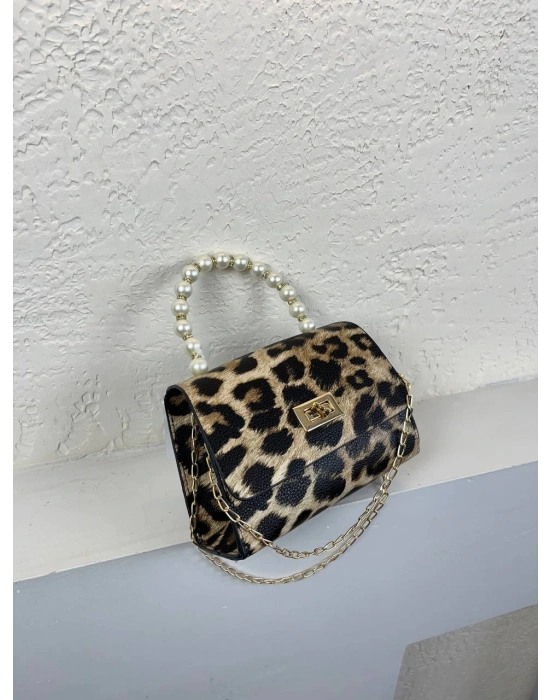 Koyu Leopar Renk İncili Zincirli Çanta CB4178
