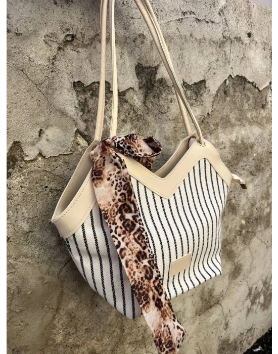 Krem Lacivert Çizgili Hasır Kol Çanta CB8194