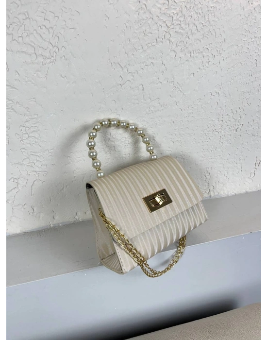 Krem Renk İncili Zincirli Çanta CB4178
