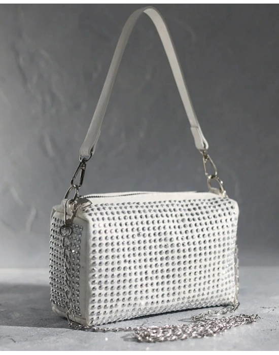 Krem Renk Taşlı Zincirli Çanta CB1230