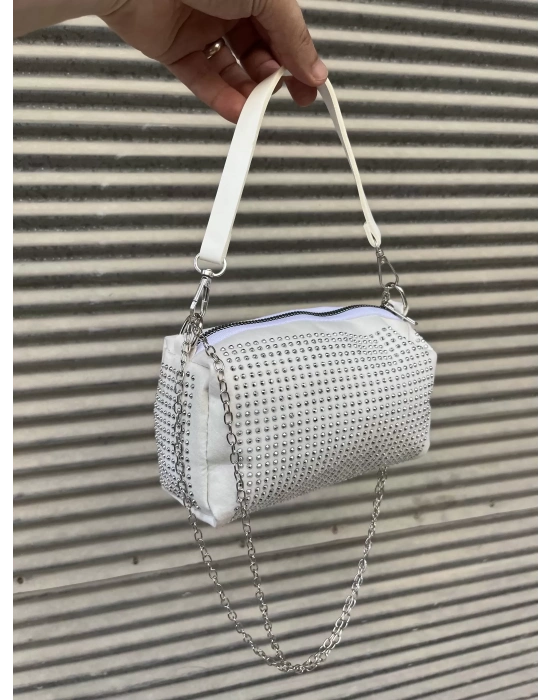 Krem Renk Taşlı Zincirli Çanta CB1230