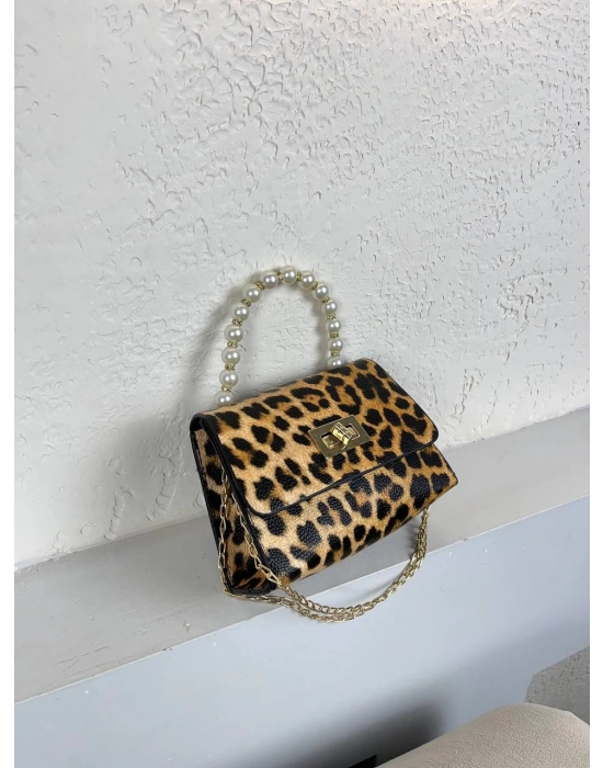 Leopar Renk İncili Zincirli Çanta CB4178