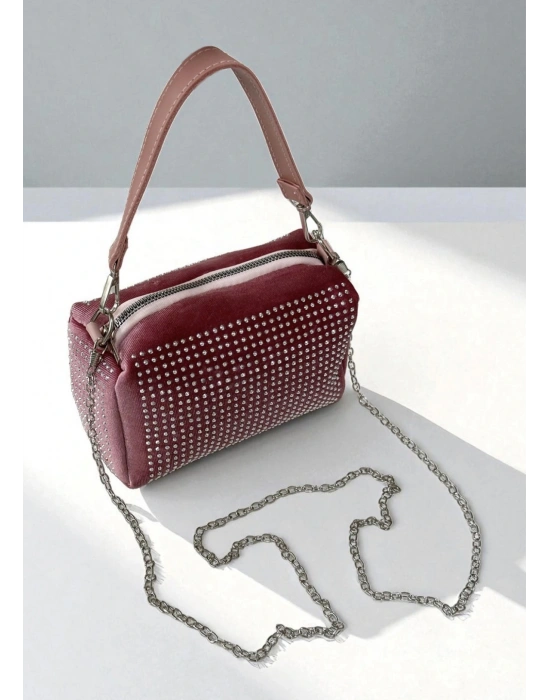 Pudra Renk Taşlı Zincirli Çanta CB1230